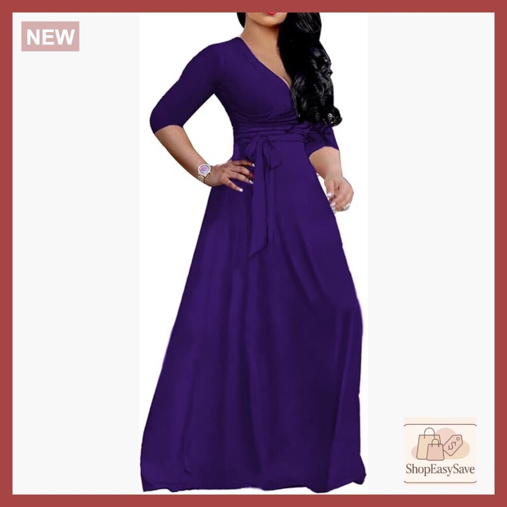 Plus Size Maxi Dress 3/4 Sleeve V-Neck Bohemian Chic Beach Sundress with Pockets